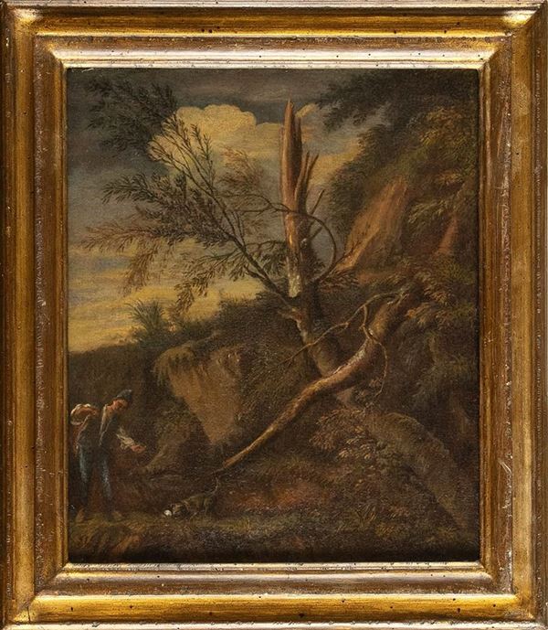 AMBITO DI PIETRO MONTANINI, SECONDA MET&#192; XVII SECOLO - Paesaggio con figure...