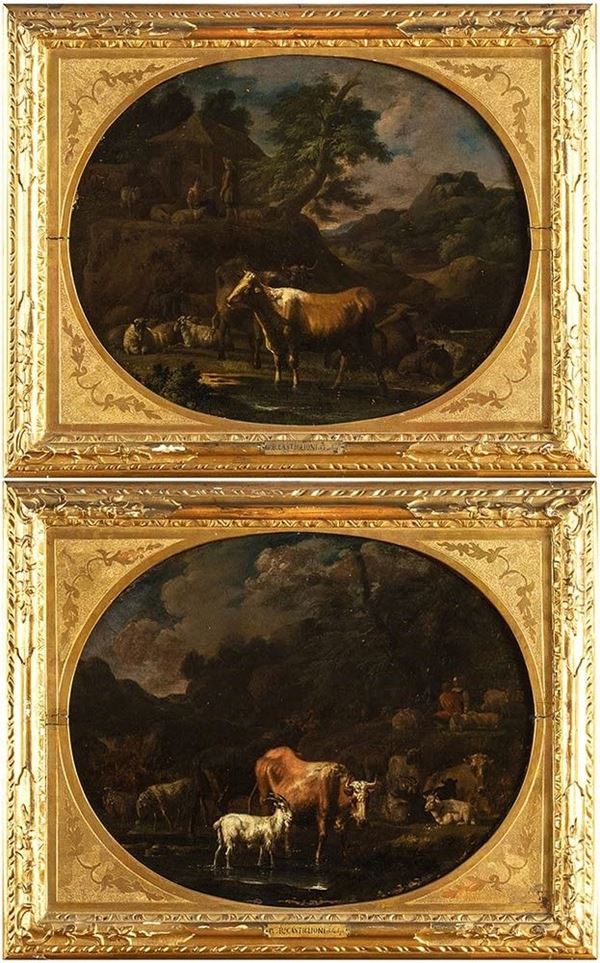Giovanni Benedetto Castiglione Il Grechetto - Coppia di paesaggi con pastori e armenti al pascolo...