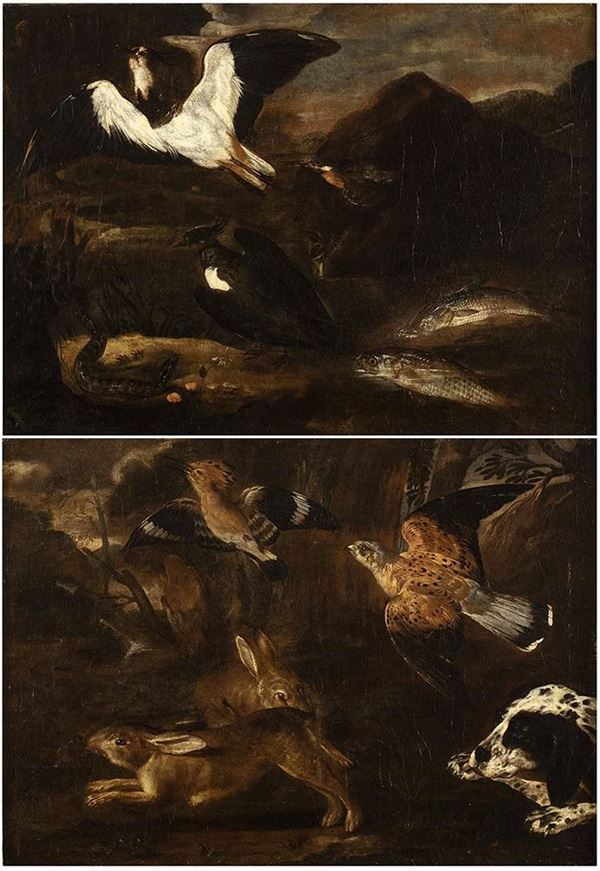JOANNES HERMANS, DETTO MONS&#217; AURORA (Anversa, 1630 - 1677) - a) Paesaggio con cane, leprotti e volatili - b)Paesaggio con volatili, serpente...