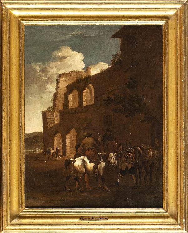 KAREL DUJARDIN (Amsterdam, 1622 - Venezia, 1678), ATTRIBUITO - La sosta dei cavalieri all'osteria...