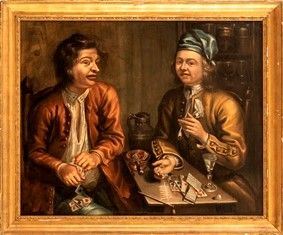 Scuola fiamminga, XVII - XVIII secolo - Giocatori di carte in osteria...