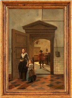 Interno domestico con madre e figlia...  - Auction Dipinti e Disegni dal XV al XIX secolo - Bertolami Fine Art - Casa d'Aste