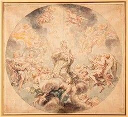GIOVAN BATTISTA GAULLI DETTO BACICCIO (Genova, 1639 - Roma, 1709), ATTRIBUITO : Santa Teresa (?) circondata da schiere angeliche...  - Auction Dipinti, Disegni e Sculture dal XIV al XIX secolo - Bertolami Fine Art - Casa d'Aste