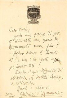 D'annunzio Gabriele (Pescara 1863-Gardone Riviera, Brescia, 1938) : Lettera originale autografata a Mario de Felici...  - Asta Fashion&Luxury, Memorabilia, Militaria, Medaglie e Ordini Cavallereschi - Bertolami Fine Art - Casa d'Aste