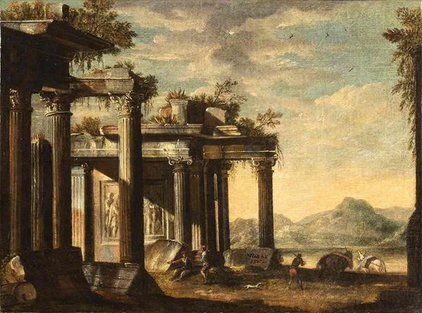 VIVIANO CODAZZI (Bergamo, 1604 - Roma, 1670), ATTRIBUITO E PITTORE NAPOLETANO DI FIGURE - Paesaggio con rovine e figure...