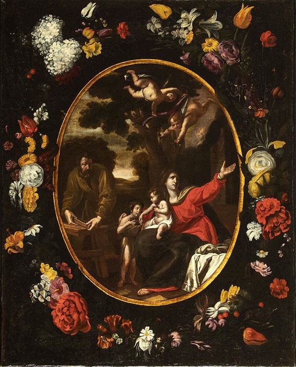 LUIGI MIRADORI DETTO IL  GENOVESINO, (Genova,  1600 - Cremona,  1657), ATTRIBUITO - Ghirlanda di fiori con Sacra Famiglia, San Giovannino e angeli...