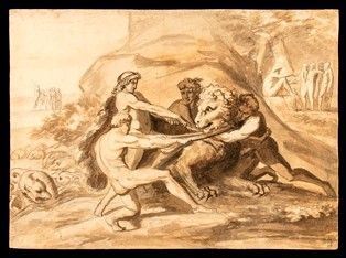 Quattro uomini in lotta con un leone...  - Asta Dipinti, Disegni e Sculture dal XIV al XIX secolo - Bertolami Fine Art - Casa d'Aste