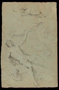 FRANCESCO FERDINANDI DETTO L'IMPERIALI (Milano, 1679 - Roma, 1740), ATTRIBUITO - Recto: studio di nudo maschile sdraiato (San Lorenzo ?) con studi di mani -
Ver...