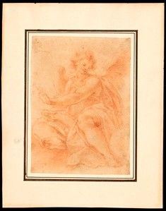 ARTISTA ROMANO, INIZIO XVII SECOLO : Angelo seduto su una nube...  - Auction Dipinti, Disegni e Sculture dal XIV al XIX secolo - Bertolami Fine Art - Casa d'Aste