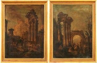 SEGUACE DI GIOVANNI PAOLO PANNINI, XVIII / XIX SECOLO - Coppia di capricci con monumenti classici e figure...