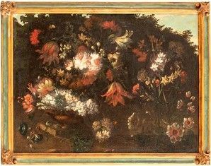 AMBITO DI MARGHERITA CAFFI (Cremona, 1647 - Milano, 1710) - Vaso di fiori in un giardino...