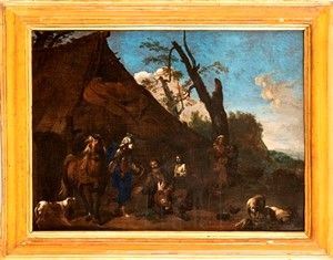 Jan Miel - Paesaggio con cavaliere e famiglia di mendicanti...