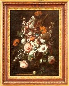 KAREL VON VOGELAER DETTO CARLO DE' FIORI (Maastricht, 1653 - Roma, 1695) : Bouquet di fiori in un vaso metallico...  - Auction Dipinti, Disegni e Sculture dal XIV al XIX secolo - Bertolami Fine Art - Casa d'Aste