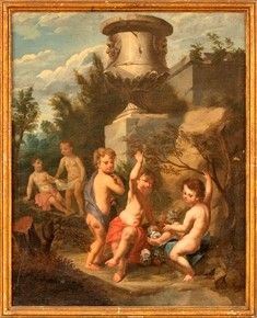 SCUOLA NAPOLETANA, SECOLO XVIII - Giuochi di Putti in un giardino con grande vaso di pietra con mascheroni a rili...