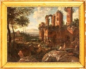 PITTORE NORDICO ATTIVO A ROMA, SECONDA MET&#192; XVII SECOLO : Paesaggio con bagnanti, corso d'acqua e rovine monumentali...  - Asta Dipinti, Disegni e Sculture dal XIV al XIX secolo - Bertolami Fine Art - Casa d'Aste