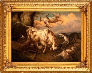 Scena di caccia con cani che azzannano un vitello...  - Asta Dipinti, Disegni e Sculture dal XIV al XIX secolo - Bertolami Fine Art - Casa d'Aste