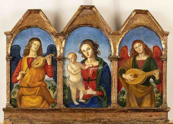 SCUOLA CENTRO-ITALIANA, SECOLO XVI (?) : Trittico, Madonna con Bambino e Angeli musicanti...  - Auction Dipinti, Disegni e Sculture dal XIV al XIX secolo - Bertolami Fine Art - Casa d'Aste