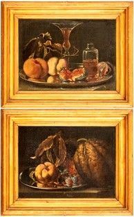 ATELIER DI CHRISTIAN BERENTZ (Hamburg, 1658 - Roma, 1722) - a) Natura morta di pesche, fichi e calice di vino su piatto metallico - b) natu...