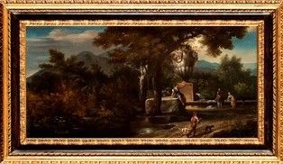 Paesaggio con lavandaia al fontanile e viandanti...  - Auction Dipinti, Disegni e Sculture dal XIV al XIX secolo - Bertolami Fine Art - Casa d'Aste