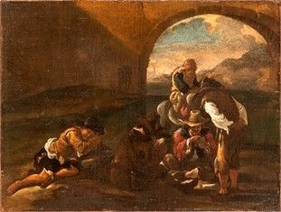 Bambocciante attivo a Roma, XVII secolo : Mendicanti che giocano a carte...  - Auction Dipinti, Disegni e Sculture dal XIV al XIX secolo - Bertolami Fine Art - Casa d'Aste