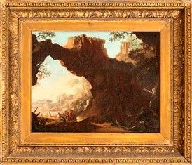 ARTISTA NAPOLETANO, FINE XVII SECOLO - Paesaggio di fantasia con arco di roccia, cavalieri e il tempio della Sibilla s...