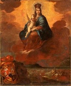 Scuola napoletana, XVIII secolo : Madonna con Bambino in gloria con arme gentilizio e scena di battaglia sullo sf...  - Auction Dipinti, Disegni e Sculture dal XIV al XIX secolo - Bertolami Fine Art - Casa d'Aste