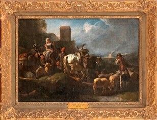 PIETER VAN BLOEMEN DETTO LO STENDARDO  (Anversa, 1657-1720), ATTRIBUITO - Tre pastori con il gregge...