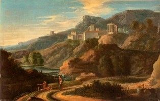 Veduta di fantasia con borgo, tempio della Sibilla di Tivoli e figure...