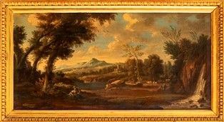 Paesaggio con cascatella, laghetto e figure...  - Asta Dipinti, Disegni e Sculture dal XIV al XIX secolo - Bertolami Fine Art - Casa d'Aste