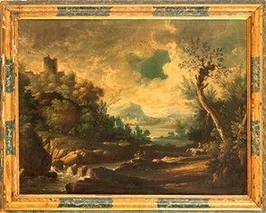 Paesaggio con corso d'acqua, torre circolare e borgo sullo sfondo...  - Auction Dipinti, Disegni e Sculture dal XIV al XIX secolo - Bertolami Fine Art - Casa d'Aste