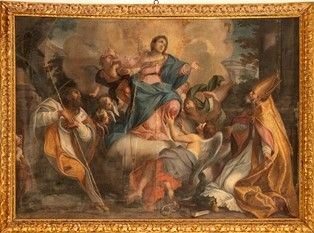 SCUOLA ROMANA, INIZIO XVIII SECOLO - Madonna assunta con angeli e due Santi Vescovi...