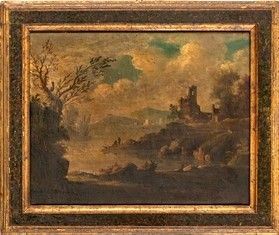 Paesaggio con corso d'acqua, ruderi e figure...  - Auction Dipinti, Disegni e Sculture dal XIV al XIX secolo - Bertolami Fine Art - Casa d'Aste