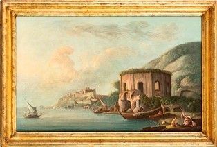 CARLO BONAVIA (attivo a Napoli dal 1751 al 1788) - Veduta di Baia con il castello aragonese e il tempio di Venere...