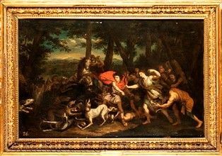 PITTORE FIAMMINGO, FINE DEL XVII SECOLO - Scena di caccia al cinghiale...