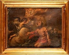 Scuola genovese, seconda met&#224; XVII secolo : Visione di San Girolamo della Santissima Trinità...  - Asta Dipinti, Disegni e Sculture dal XIV al XIX secolo - Bertolami Fine Art - Casa d'Aste