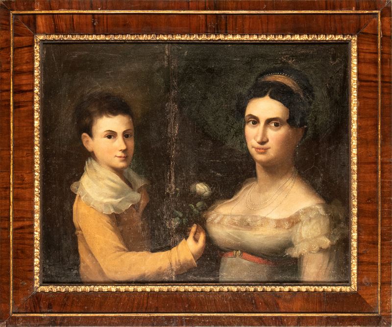 Artista Italiano, XIX Secolo - Autore anonimo, Ritratto di madre con figlio, olio su tela