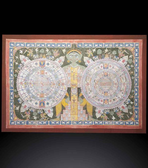 DIPINTO JAINISTA A INCHIOSTRO E COLORI SU TELA
India, Gujarat, XIX secolo...  - Auction Arte asiatica e tribale - Bertolami Fine Art - Casa d'Aste