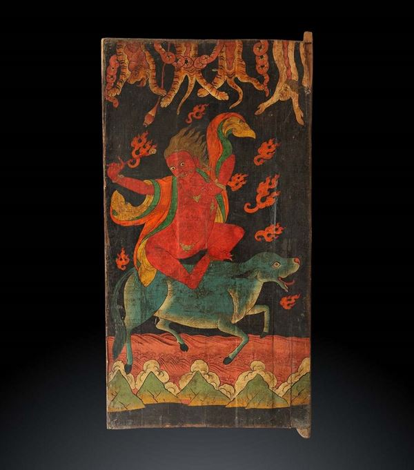 DIPINTO A COLORI SU TELA INCOLLATA SU UNA PORTA IN LEGNO CON DAKINI
Tibet, XVII...  - Asta Arte asiatica e tribale - Bertolami Fine Art - Casa d'Aste