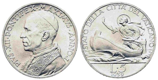 CITTA' DEL VATICANO. Pio XII (1939-1958). 5 lire 1939. Ag (5 g). Gig. 146. FDC...  - Asta Monete e medaglie moderne Italiane ed Estere - Bertolami Fine Art - Casa d'Aste