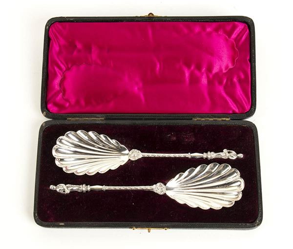 Coppia di cucchiai Vittoriani inglesi in argento - Birmingham 1896, maestri arg...