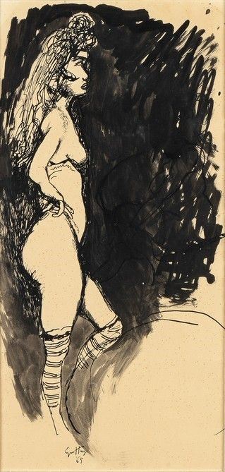 RENATO GUTTUSO : Nudo femminile, 1965...  - Asta Arte Moderna e Contemporanea - Pittura, Scultura, Arti decorative e Disegni dal XIX al XXI secolo - Bertolami Fine Art - Casa d'Aste