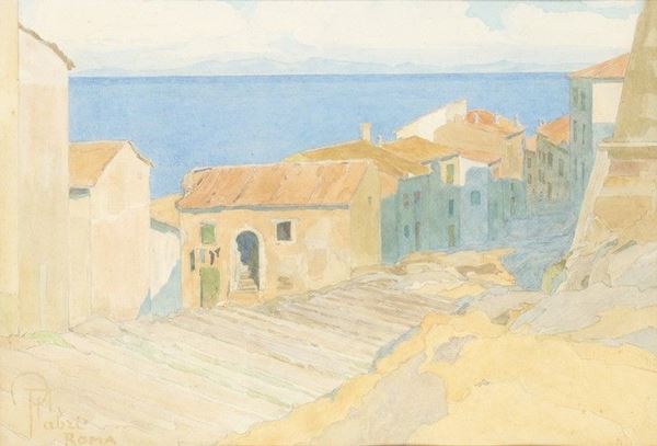 POMPEO FABRI (Roma, 1874 - 1959) : Paese ...  - Auction Arte moderna e contemporanea. Dipinti, disegni, sculture e stampe d'autore del XIX e del XX secolo - Bertolami Fine Art - Casa d'Aste