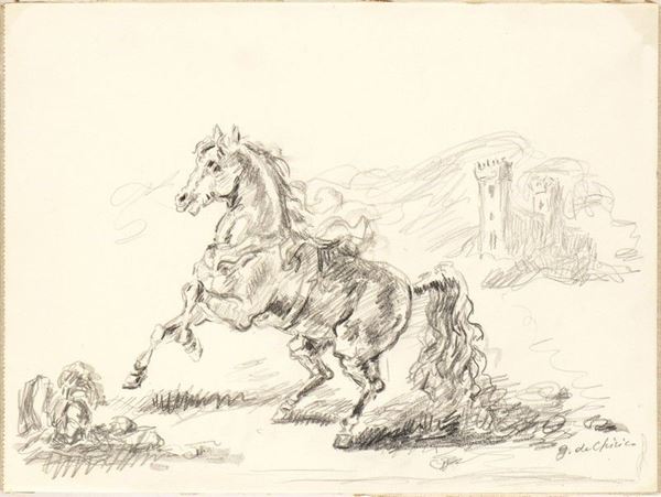 GIORGIO DE CHIRICO : Cavallo con torre...  - Asta Arte moderna e contemporanea. Dipinti, disegni, sculture e stampe d'autore del XIX e del XX secolo - Bertolami Fine Art - Casa d'Aste