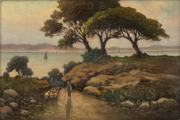 TOMMASO CASCELLA (Ortona 1890 - Pescara, 1968) : Paesaggio con pastore...  - Auction Arte moderna e contemporanea. Dipinti, disegni, sculture e stampe d'autore del XIX e del XX secolo - Bertolami Fine Art - Casa d'Aste