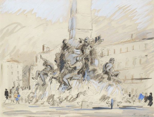 MICHELE CASCELLA : Piazza Navona ...  - Asta Arte moderna e contemporanea. Dipinti, disegni, sculture e stampe d'autore del XIX e del XX secolo - Bertolami Fine Art - Casa d'Aste