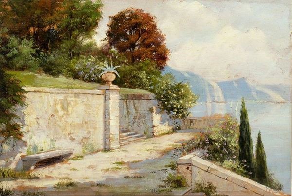 UMBERTO COROMALDI (Roma, 1870 - 1948) : Vista del lago di Como, 1935...  - Auction Arte moderna e contemporanea. Dipinti, disegni, sculture e stampe d'autore del XIX e del XX secolo - Bertolami Fine Art - Casa d'Aste