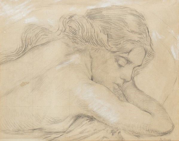 BASILIO CASCELLA (Pescara, 1860 - Roma, 1950) : Probabile studio preparatorio per ceramica con ragazza dormiente...  - Asta Arte moderna e contemporanea. Dipinti, disegni, sculture e stampe d'autore del XIX e del XX secolo - Bertolami Fine Art - Casa d'Aste