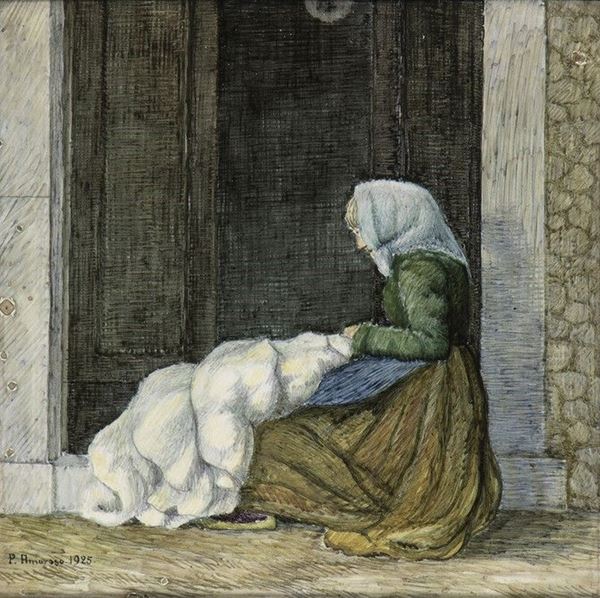 Contadina che cuce, 1925...  - Auction Arte moderna e contemporanea. Dipinti, disegni, sculture e stampe d'autore del XIX e del XX secolo - Bertolami Fine Art - Casa d'Aste