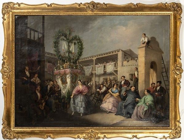 MANUEL CABRAL AGUADO-BEJARANO (Siviglia, 1827 - 1891) : Festa religiosa di paese, 1852...  - Auction Arte Moderna e Contemporanea - Pittura, Scultura, Arti decorative e Disegni dal XIX al XXI secolo - Bertolami Fine Art - Casa d'Aste