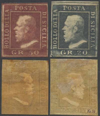 Sicilia, 20 gr. e 50 gr. con stampa oleosa del 1859